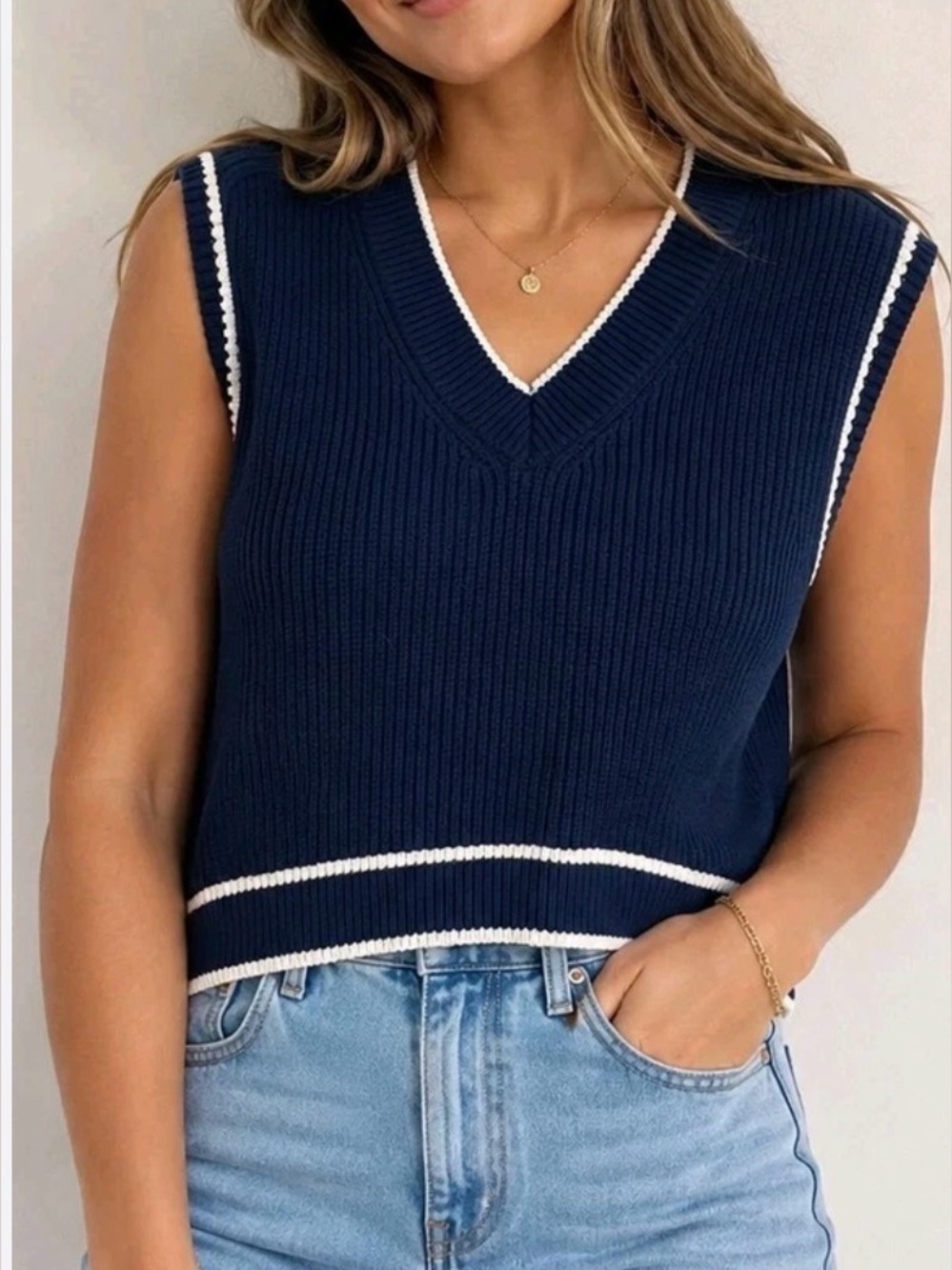 Jessica Simpson Navy V-Neck Ribbed Sweater Vest with White Trim